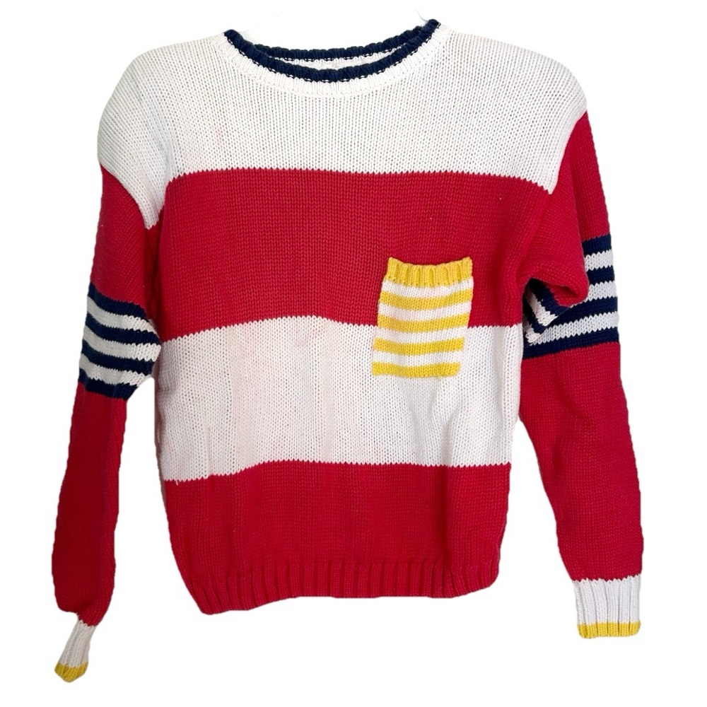 Vintage 1980s Kari Incorporated 100% Cotton Knit Sweater Stripes Red White Navy